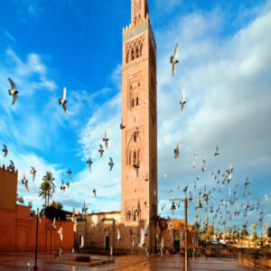 Koutoubia Mosque with birds flying in the air